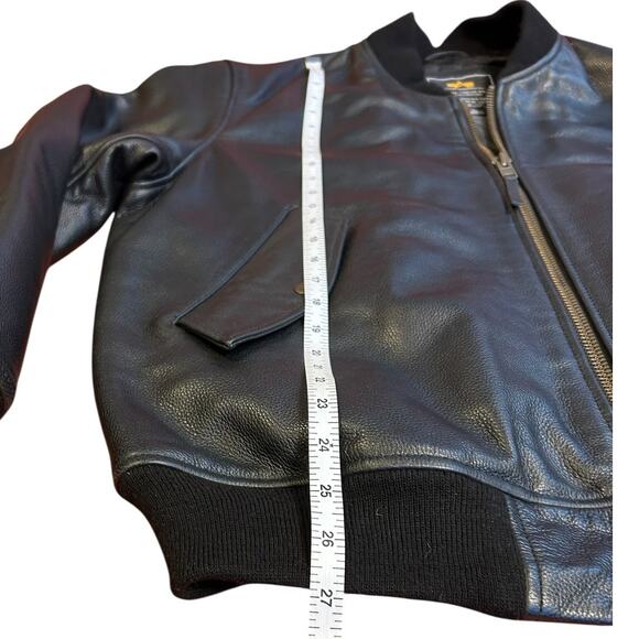 ALPHA INDUSTRIES Black Genuine Leather Full Zip Moto Biker Bomber Jacket LARGE - Picture 5 of 11